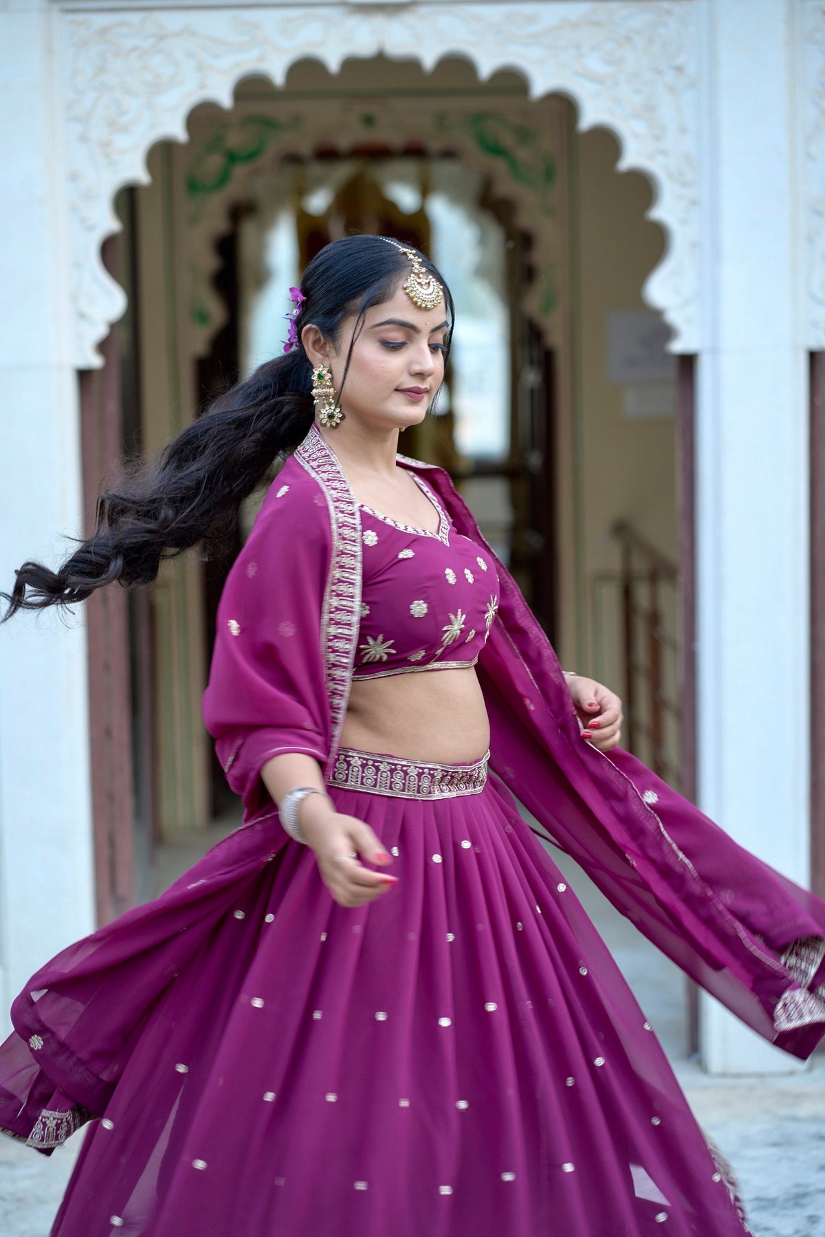 Vedant Vastram Embroidered Heavy Georgette Lehenga Choli With Blouse & Dupatta - Purple | Grocsy