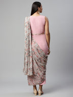 Ahalyaa Women Baby Pink Crepe Georgette Saree Dress With Printed Pallu | Grocsy