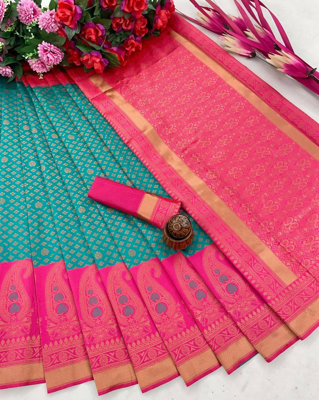 DEIANA'S Beautiful Designer Golden zari Soft Lichi Silk Saree - Blue | Grocsy