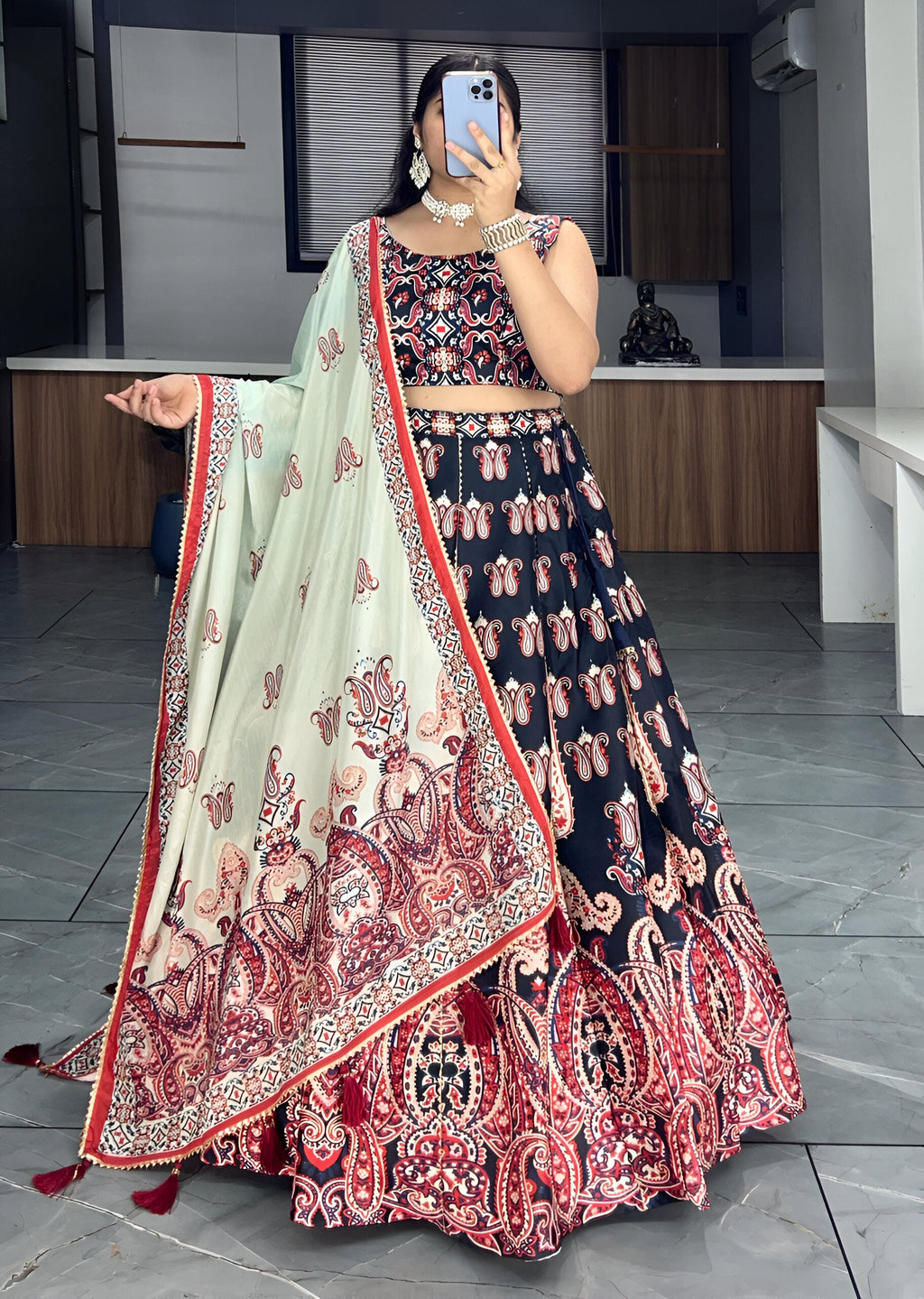 Lehenga Mart Designer Art Silk Printed Lehenga Choli - Black | Grocsy