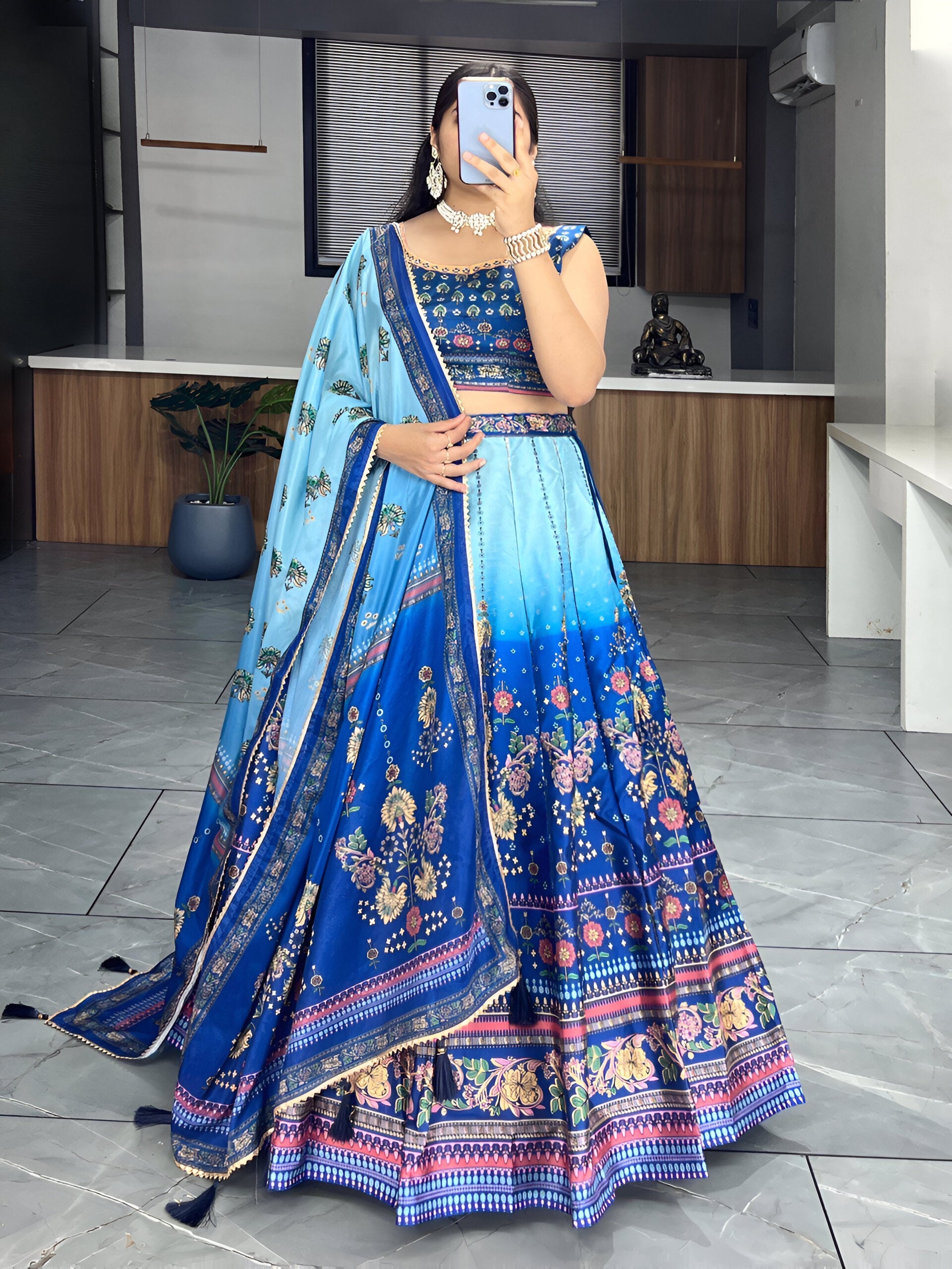 Lehenga Mart Designer Art Silk Printed Lehenga Choli - Blue | Grocsy