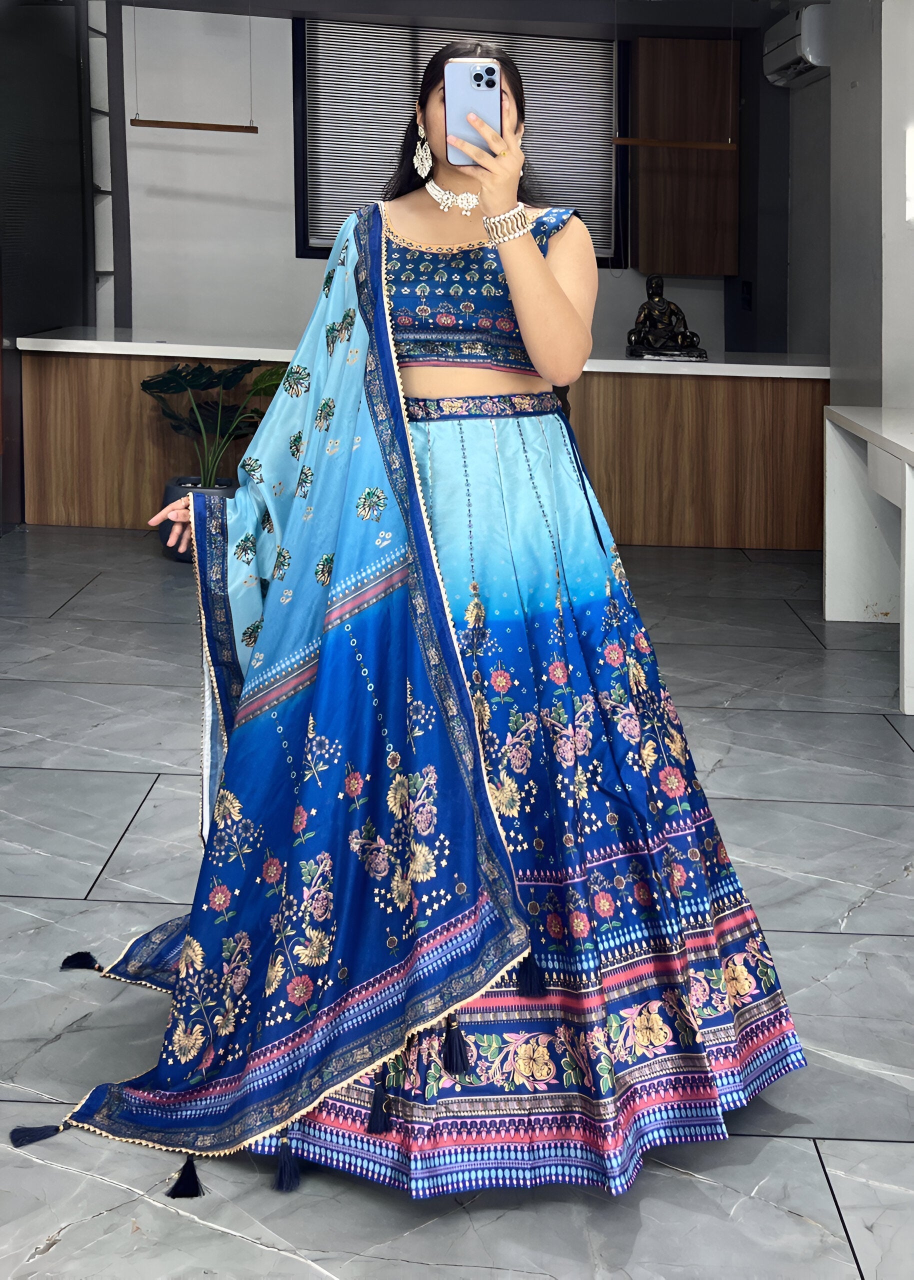 Lehenga Mart Designer Art Silk Printed Lehenga Choli - Blue | Grocsy