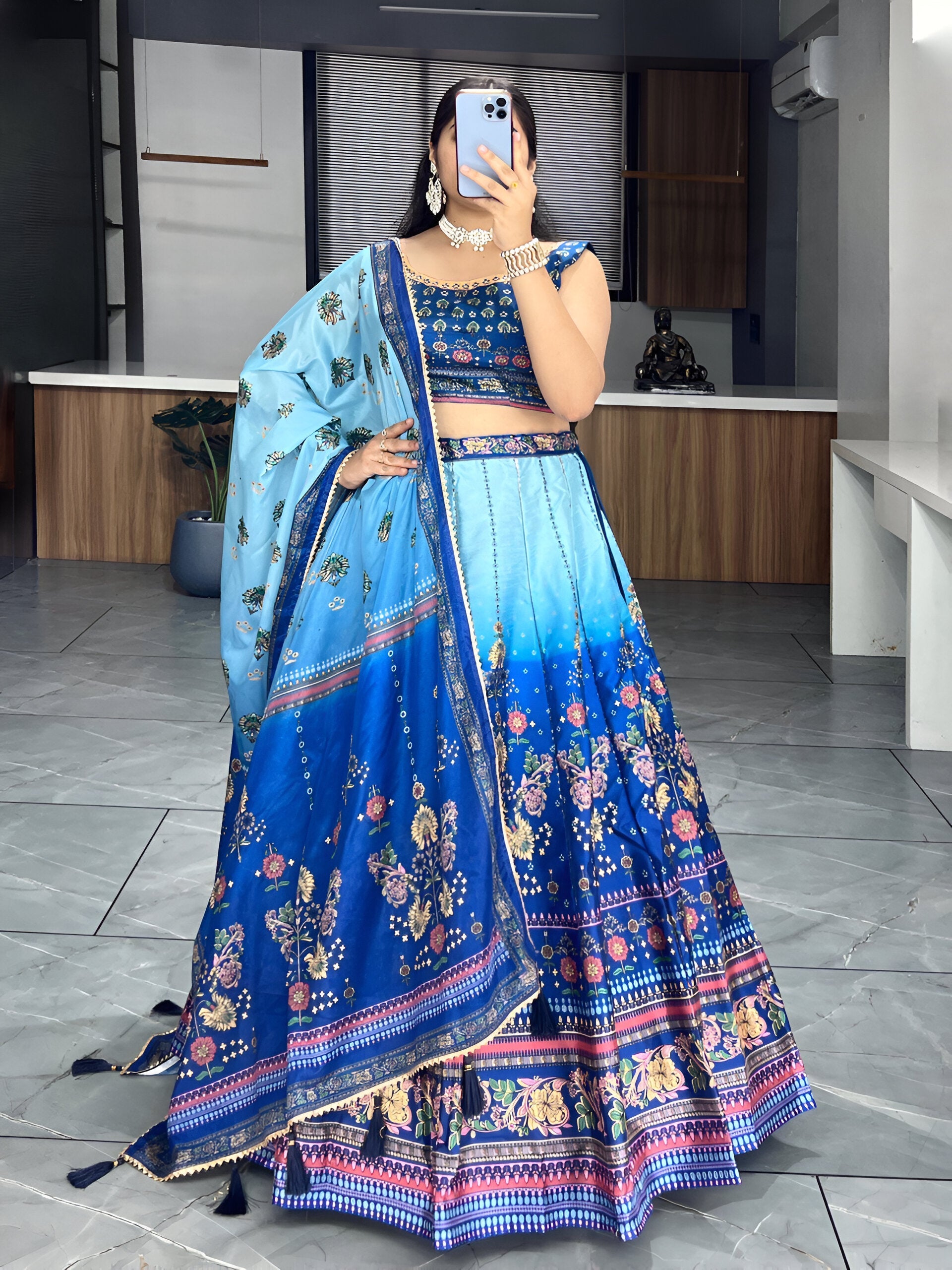 Lehenga Mart Designer Art Silk Printed Lehenga Choli - Blue | Grocsy