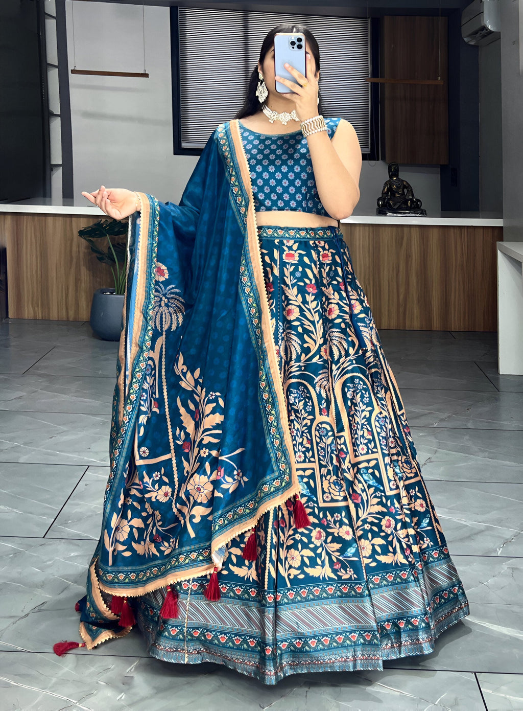 Lehenga Mart Designer Art Silk Printed Lehenga Choli - Rama | Grocsy