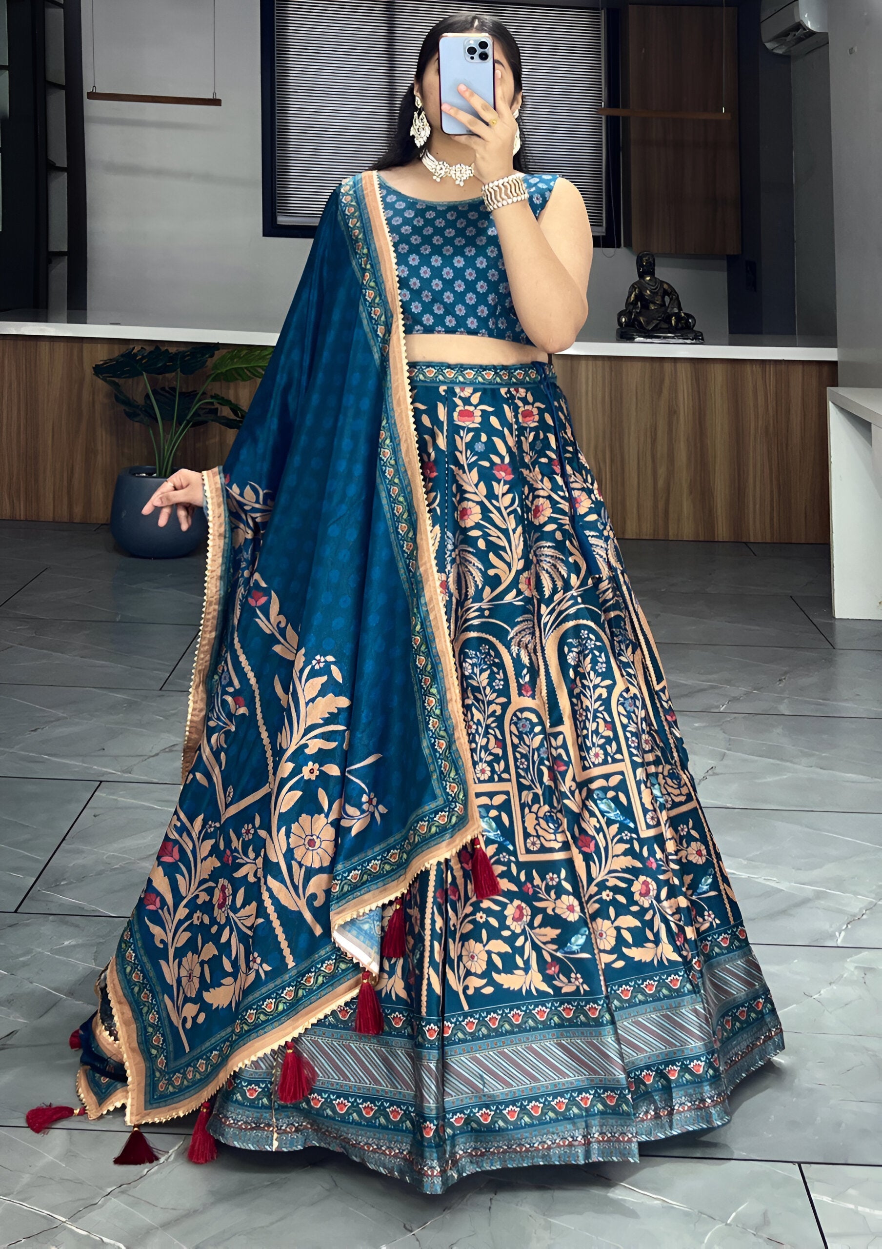 Lehenga Mart Designer Art Silk Printed Lehenga Choli - Rama | Grocsy