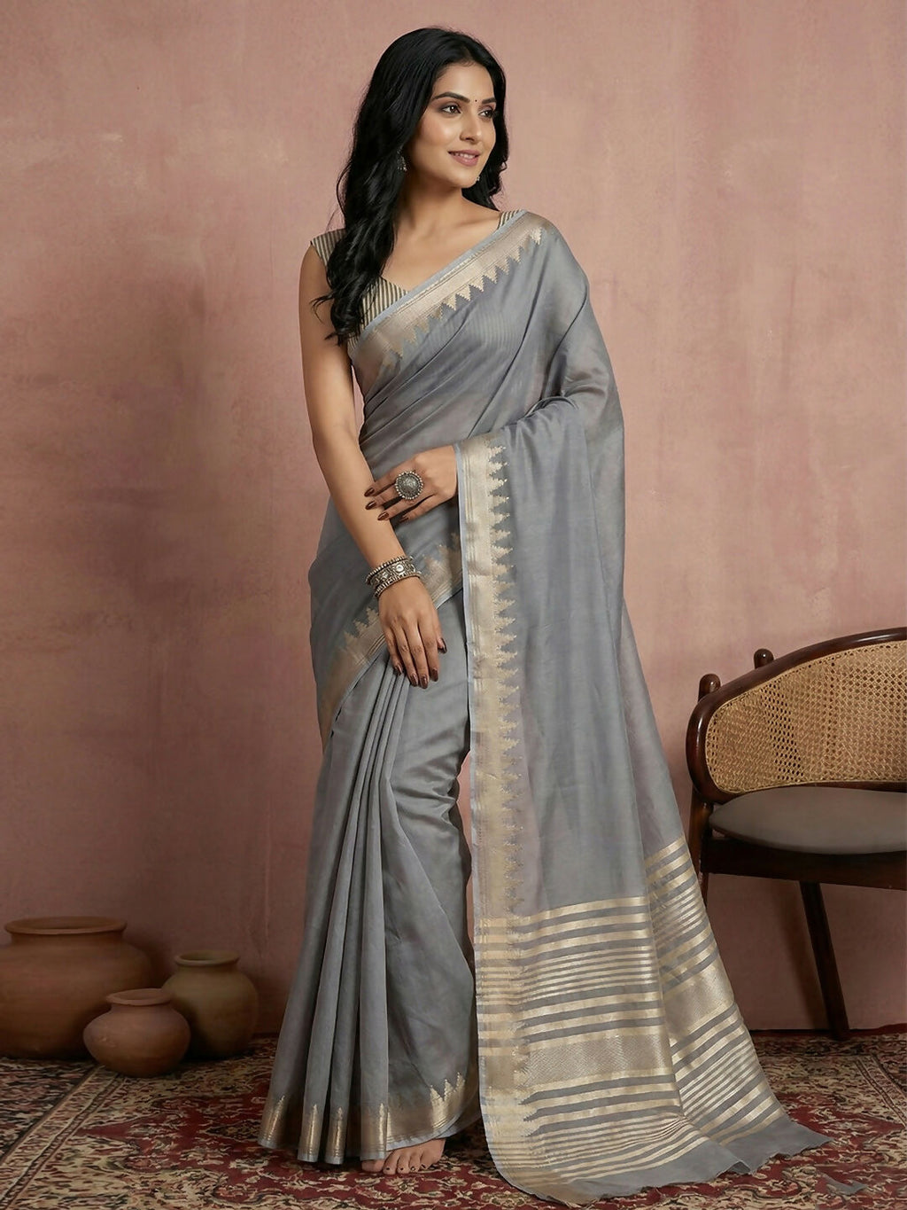 Shree Shyam Fashion Gray Cotton Saree | Grocsy