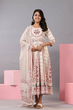 Juniper Women Ecru Rayon Floral Printed Kurta and Dupatta Set | Grocsy