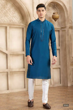 Raivat Ethnic Banarasi Art Silk Mirror Work Kurta Pajama In Blue Colour | Grocsy