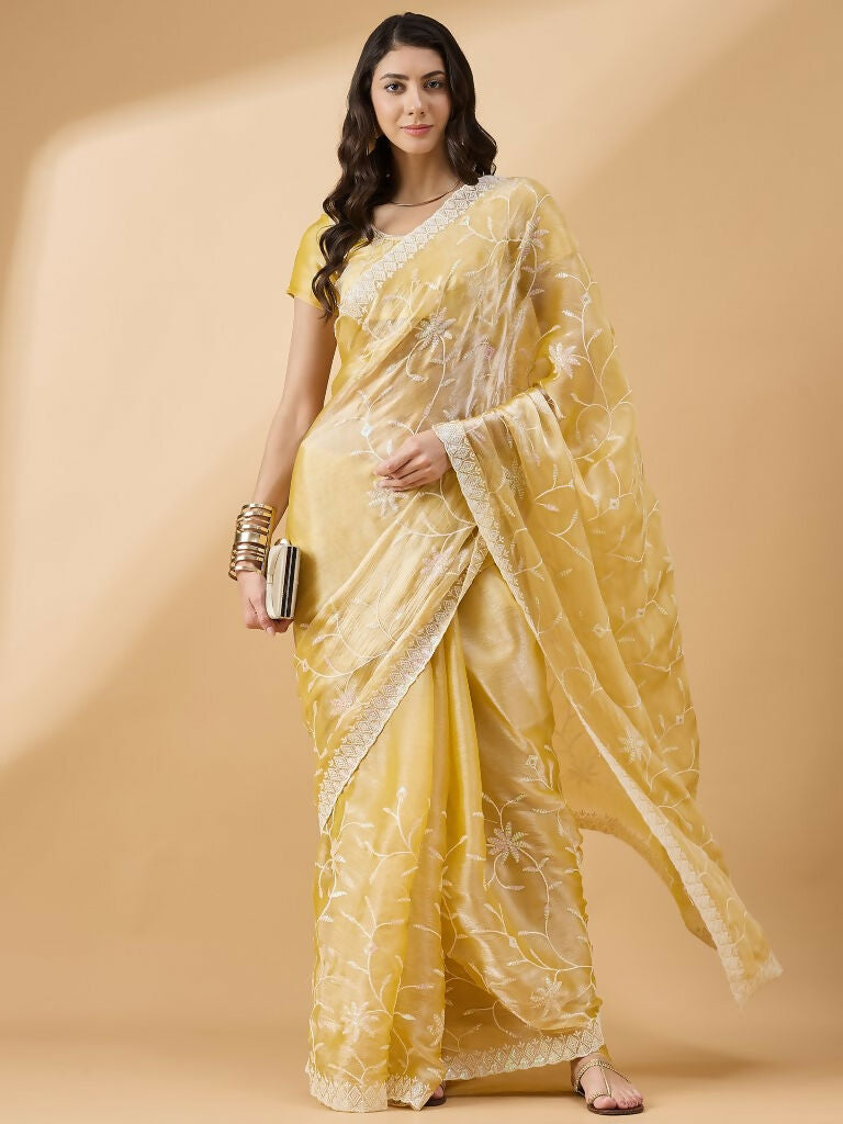 Pink Tissue Slub Embroidered Saree with Unstitched Blouse - Vairagi | Grocsy