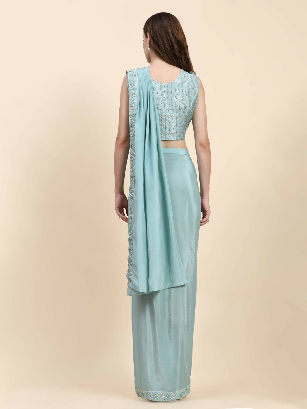 Sky Blue Silk Satin Solid Ready to wear Saree with stitched Blouse - Satiksha | Grocsy