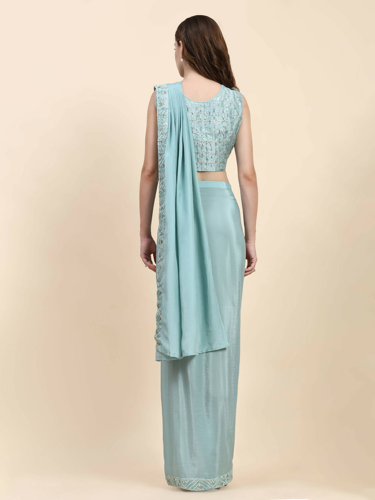 Sky Blue Silk Satin Solid Ready to wear Saree with stitched Blouse - Satiksha | Grocsy
