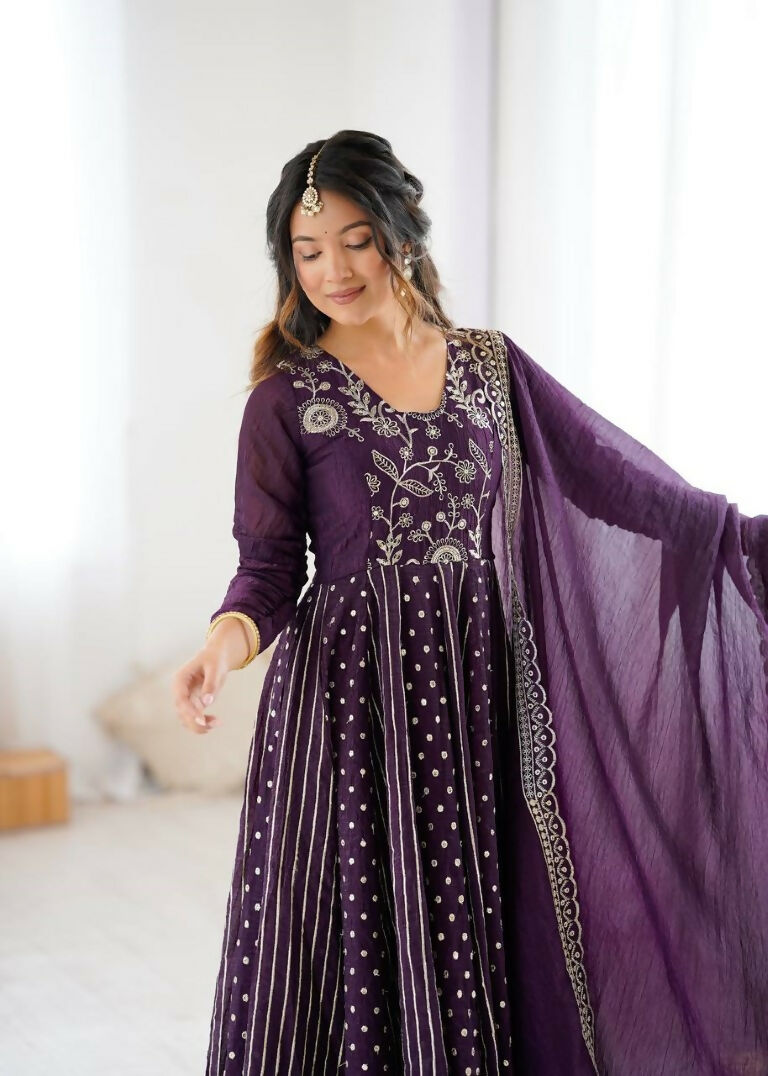 Teeya Creation Violet Color Heavy Crunchy Silk Embroidery Work Gown | Grocsy