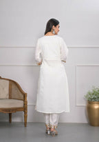 White Viscose Silk Embroidery with Thread and sequence Stitched Suit With Dupatta - Tanisha | Grocsy