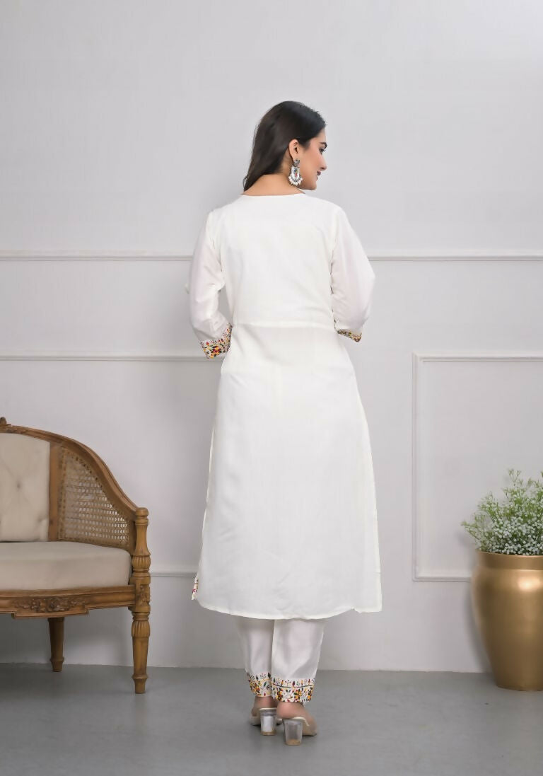 White Viscose Silk Embroidery with Thread and sequence Stitched Suit With Dupatta - Tanisha | Grocsy