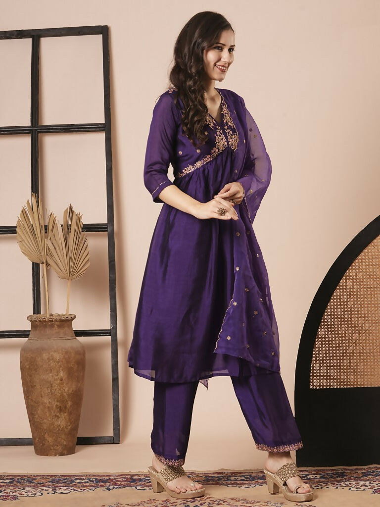 Purple Vichitra Silk Embroidery Work Kurta Set - Riya | Grocsy