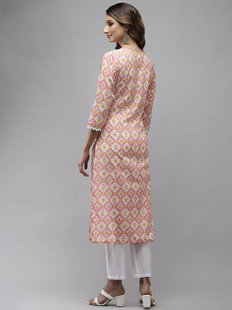 Yufta Women Peach And White Kurta with Trouser Set | Grocsy
