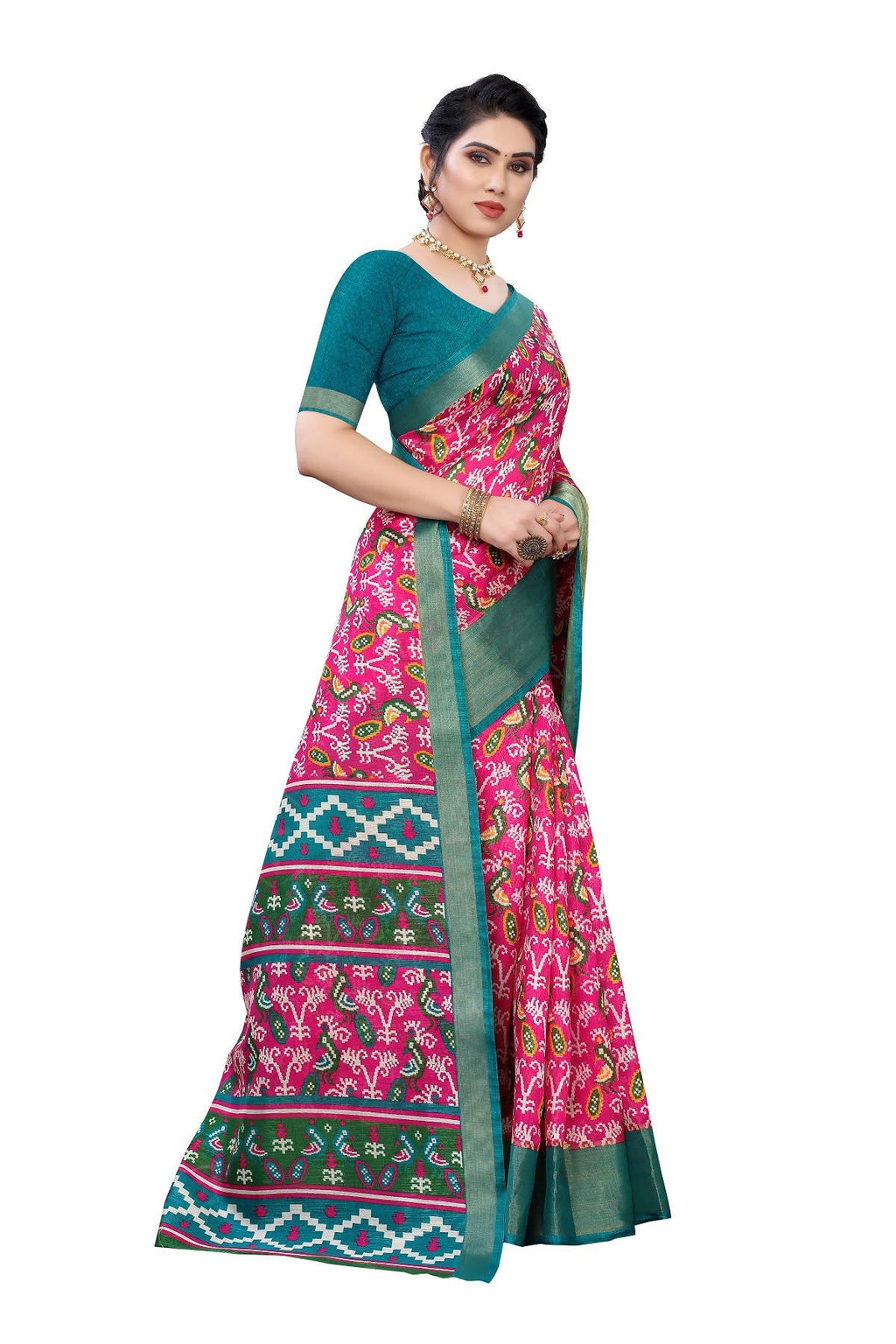 Vamika Pink & Green Linen Jari Border Saree (JANKI PINK) | Grocsy