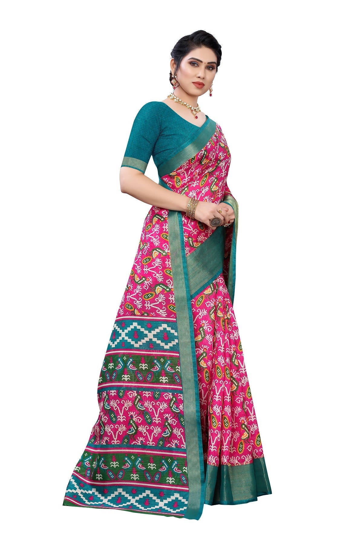 Vamika Pink & Green Linen Jari Border Saree (JANKI PINK) | Grocsy