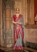 Silver Grey Banarasi Weaving, Ultra Aqua Finish, Zari Work Banarasi Silk Saree - Rath Kunti | Grocsy