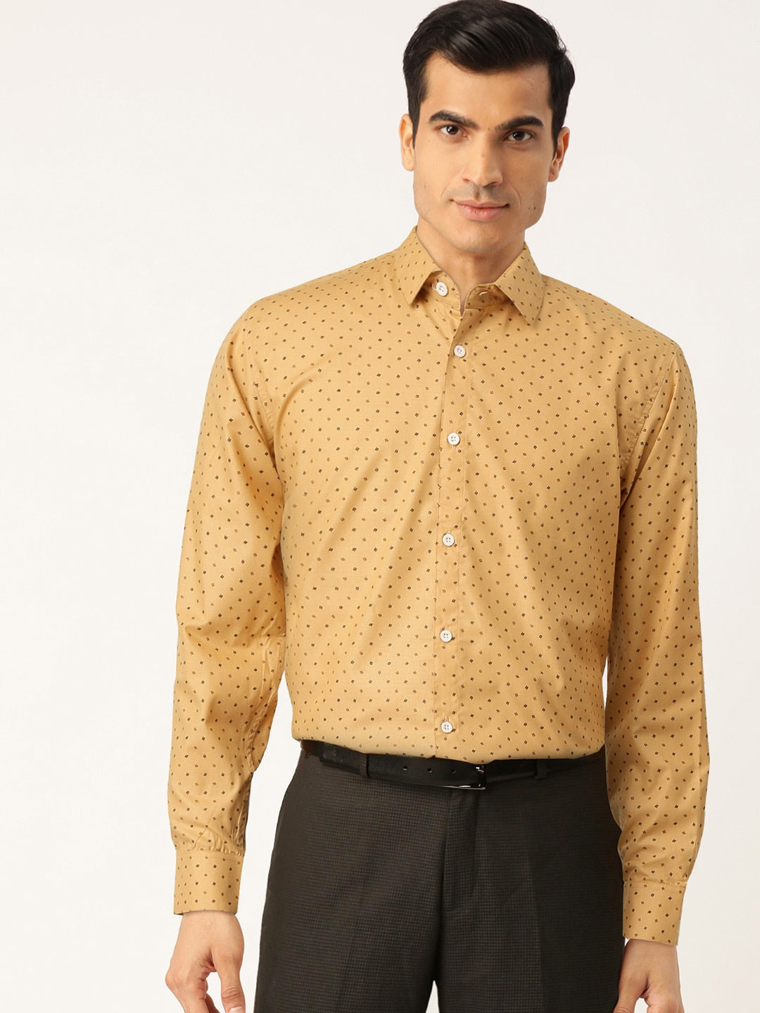 Jainish Yellow Men's Cotton Printed Formal Shirts ( SF 716Mustard ) | Grocsy
