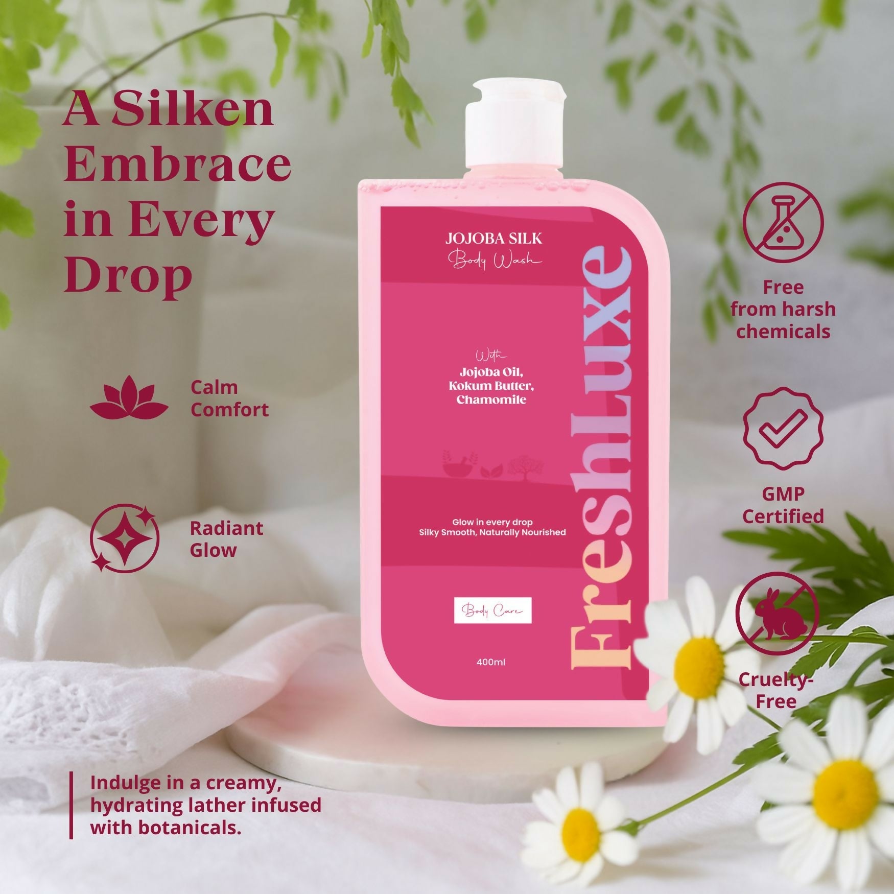 FreshLuxe Silk Bodywash Exfoliating & Hyderation Jojoba, Camomile & Ylang Ylang | Grocsy