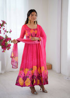Teeya Creation Womens New Organza Soft Taby Silk Heavy Quality Fabric With Digital Print Pink Gown Set | Grocsy