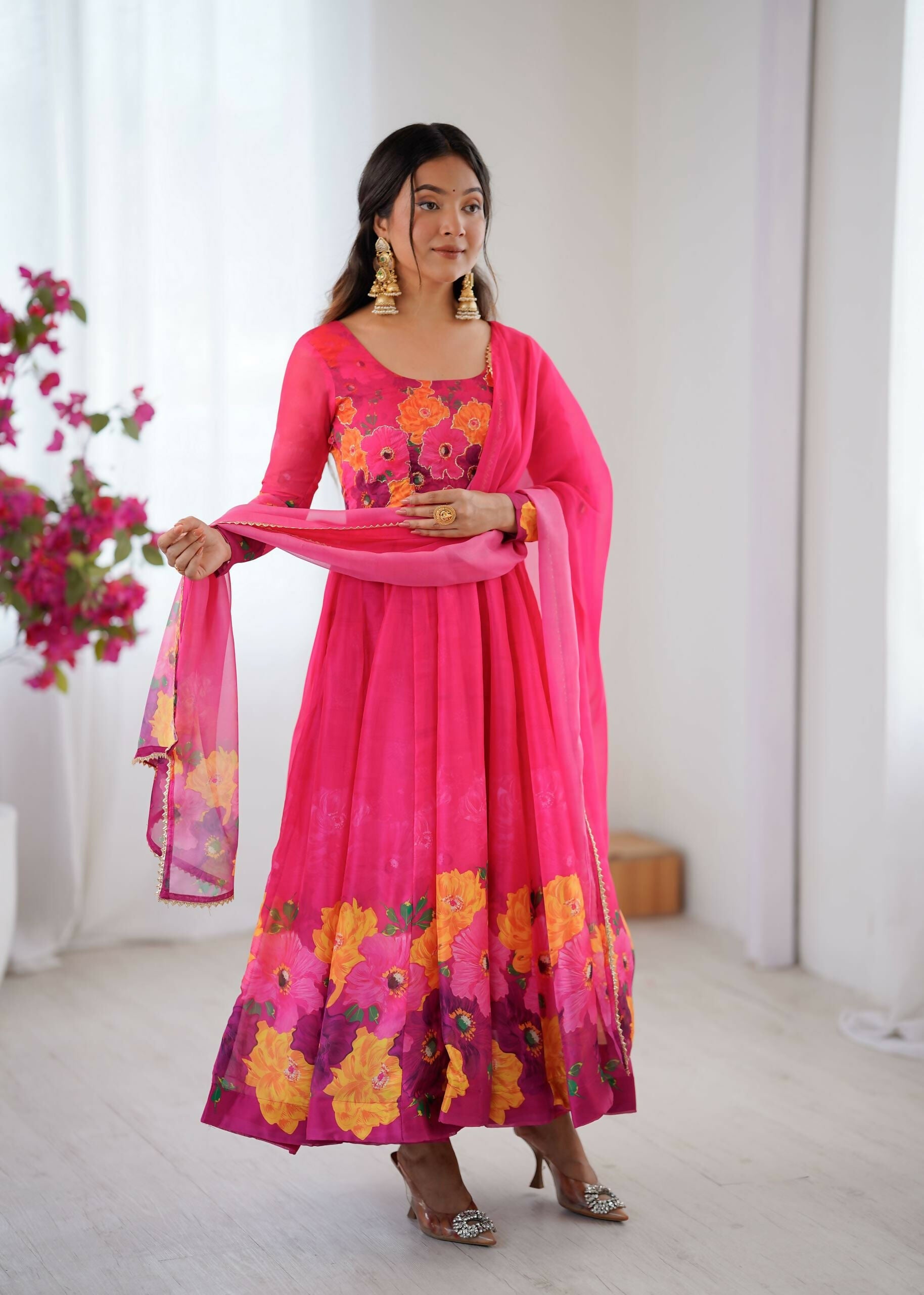 Teeya Creation Womens New Organza Soft Taby Silk Heavy Quality Fabric With Digital Print Pink Gown Set | Grocsy