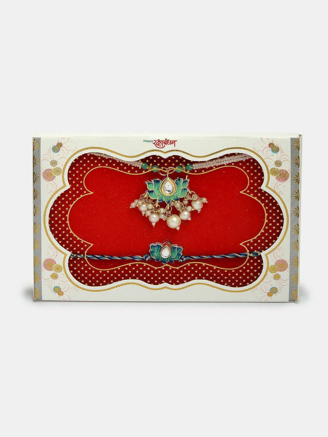 NVR Women & Men Set of 2 Turquoise Blue Lotus Shape Kundan-Studded & Beaded Handcrafted Wraparound Rakhi Set With Roli Chawal | Grocsy
