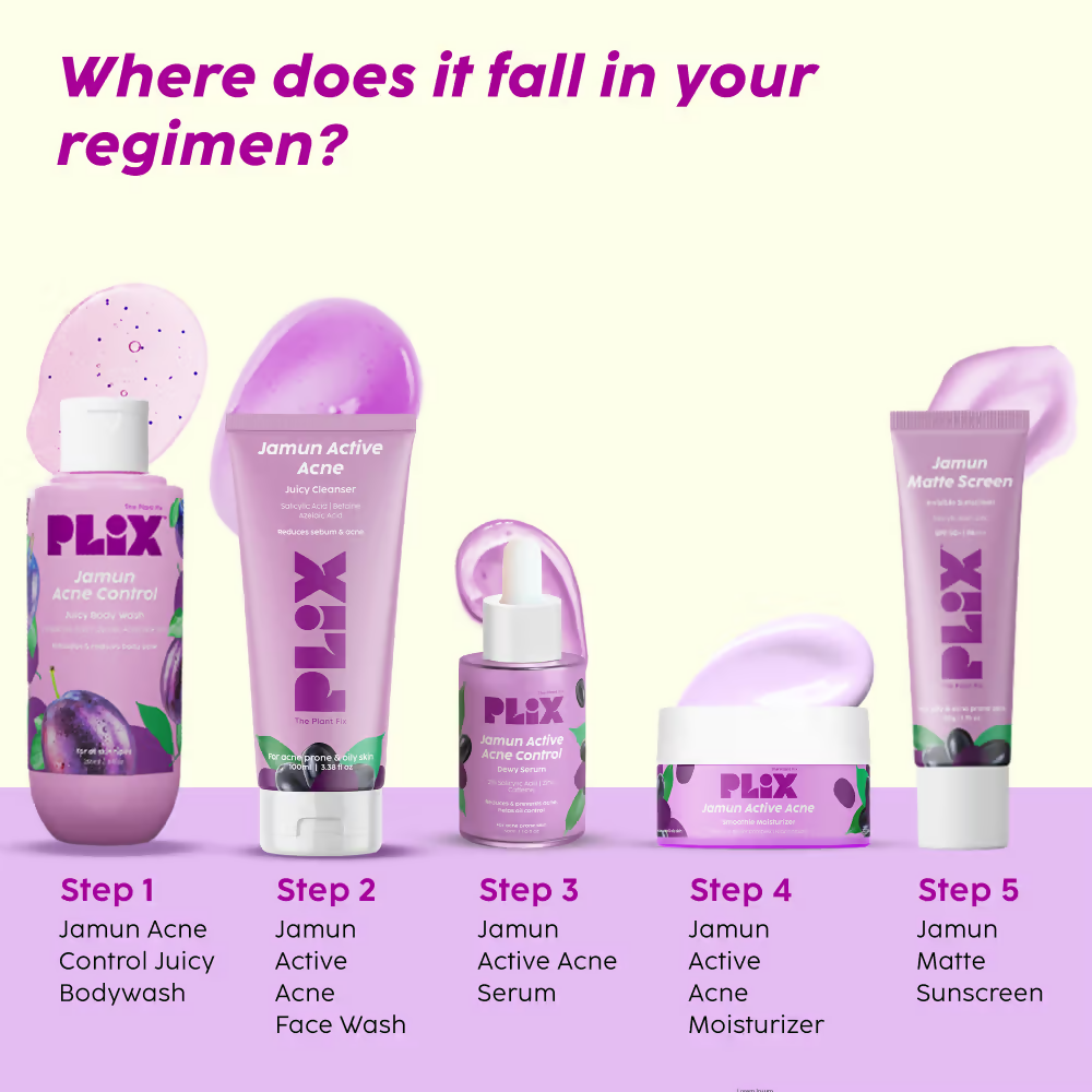 PLIX The Plant Fix Jamun Active Acne Regime - Cleanser, Acne Mark Serum, Moisturizer & Body Wash For Women & Men | Grocsy