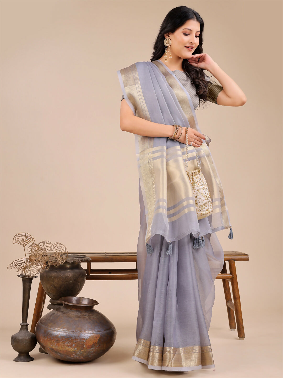 Shree Shyam Fashion Seoul Grey Organza Saree | Grocsy