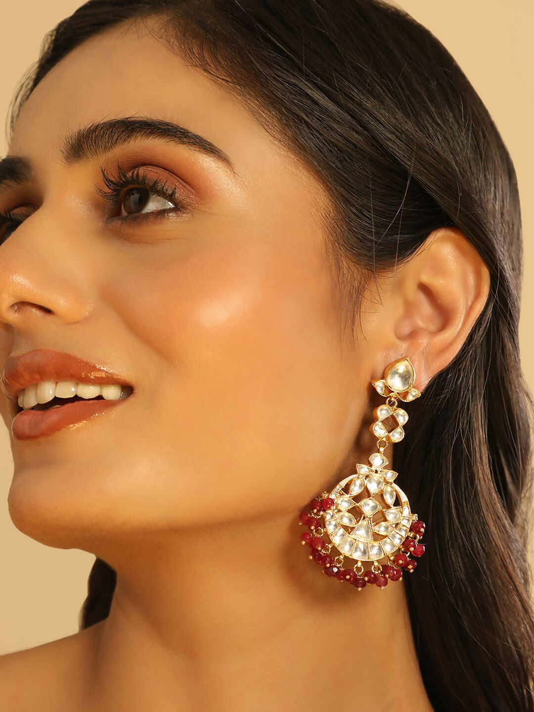 Nuyug 22K Gold Plated Serenoor Ruby Kundan Chandbali Earrings | Grocsy