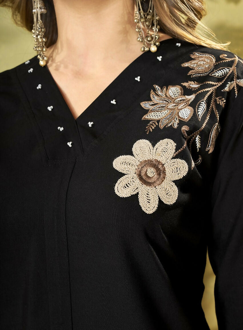Teeya Creation Women Jet Black Embroidered Tunic & Pant Co-Ord Set | Grocsy