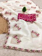 Teeya Creation White Color Pure Paper Silk Heavy Embroidery Work Wedding Wear Saree | Grocsy