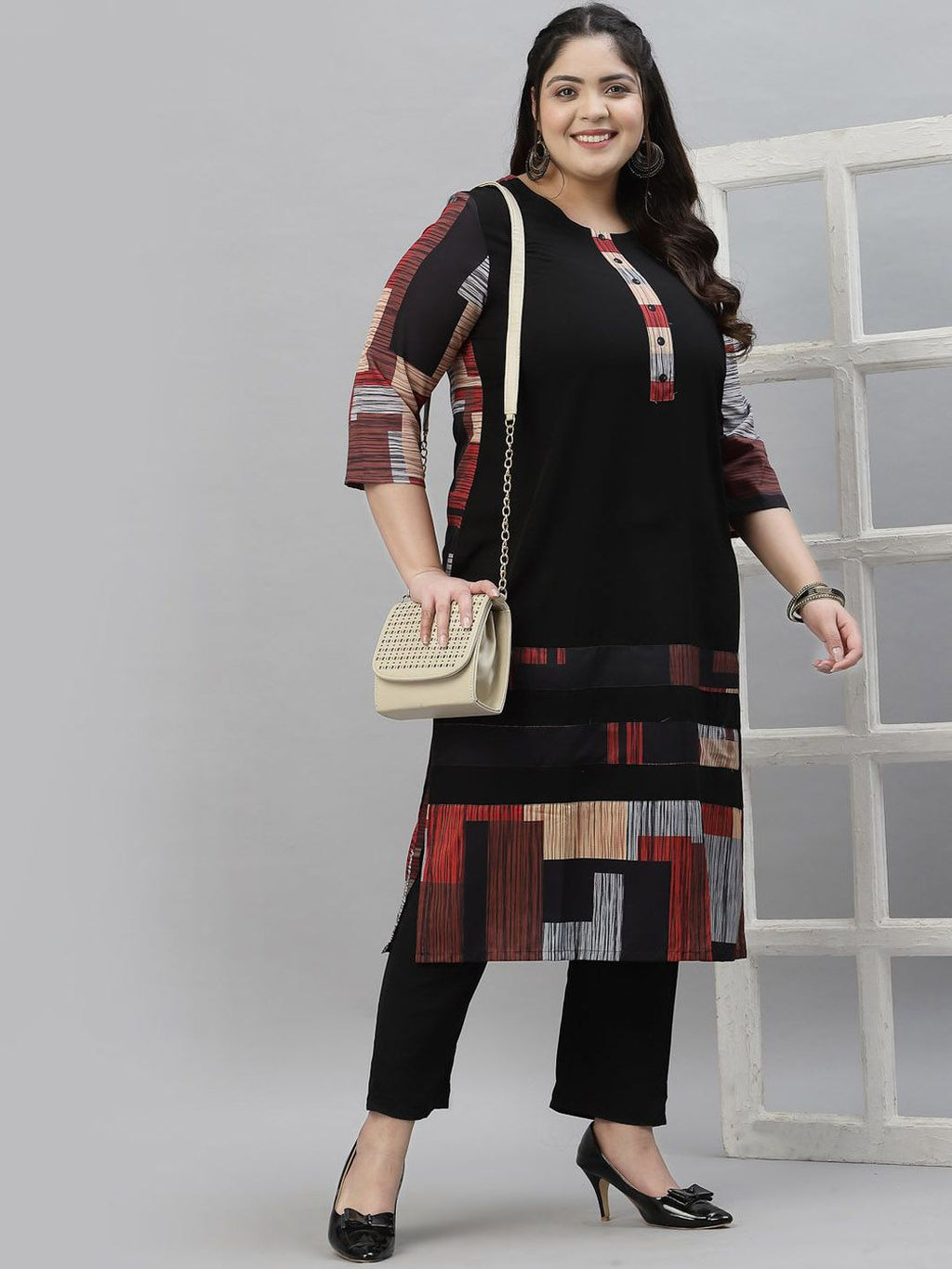 Sztori Plus Size Printed Neck Round Neck Straight Kurta | Grocsy