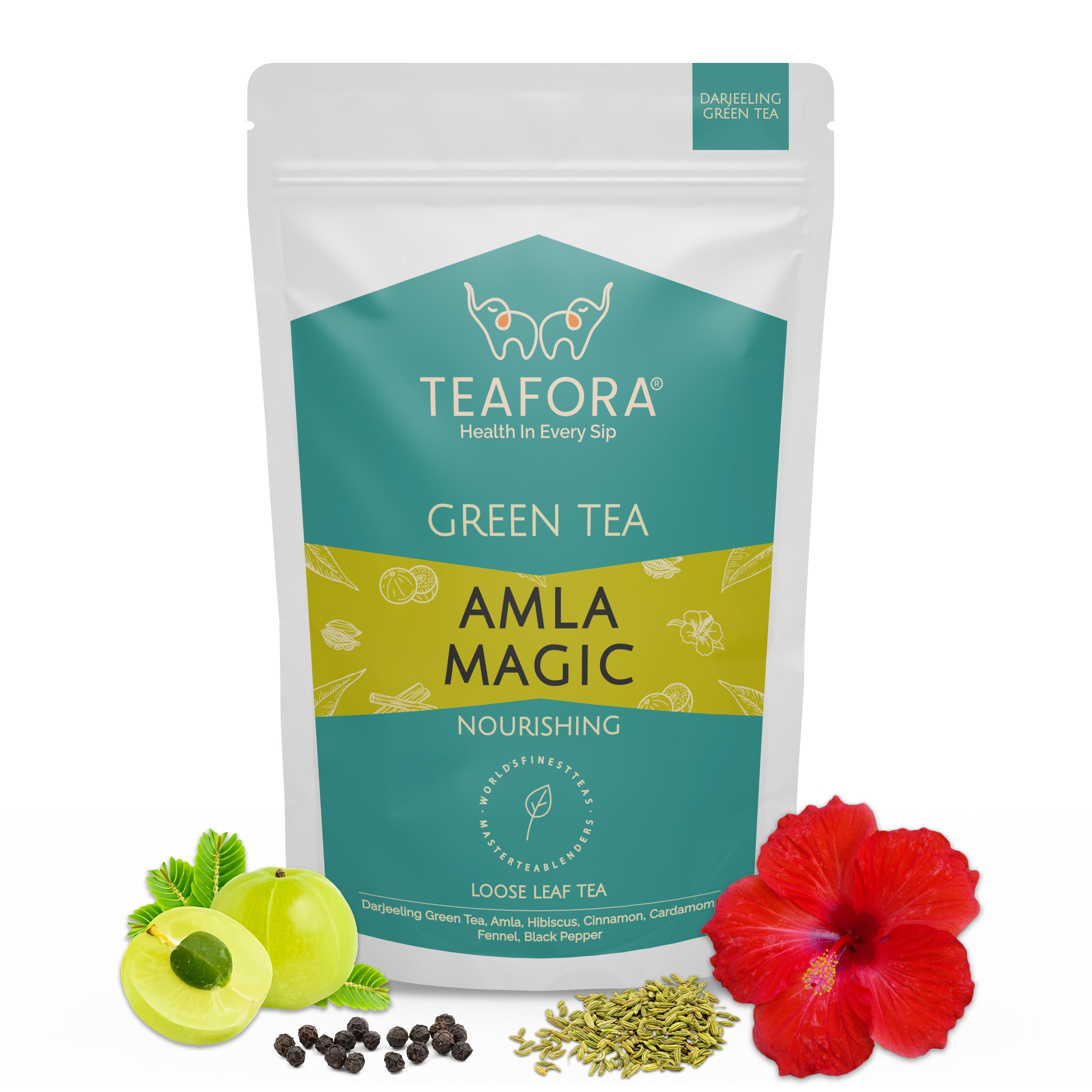 TEAFORA Amla Magic Green Tea | Whole Leaf Tea | Blended with Amla, Hibiscus, Fennel, Cardamom & Cinnamon | 100% NATURAL | Brew Hot or Iced Tea | Grocsy