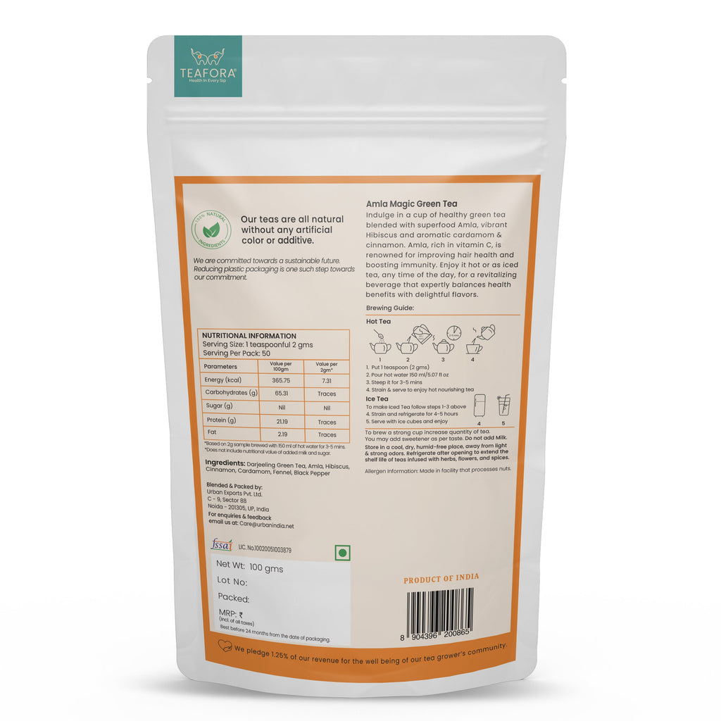 TEAFORA Amla Magic Green Tea | Whole Leaf Tea | Blended with Amla, Hibiscus, Fennel, Cardamom & Cinnamon | 100% NATURAL | Brew Hot or Iced Tea | Grocsy