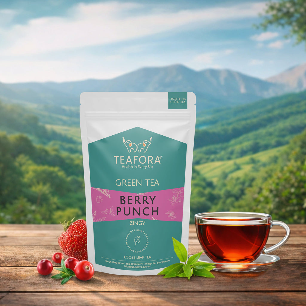 TEAFORA Berry Punch Green Tea | Zingy & Refreshing | Darjeeling Tea Loose | 100% Natural Fresh Berries & Hibiscus Flower | Brew Hot or Iced Tea | Grocsy