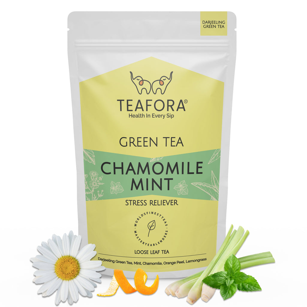 TEAFORA Chamomile Mint Green Tea | Darjeeling Loose Leaf Tea | Natural Sleep Tea with Calming & Relaxing Properties | 50 Cups Hot or Iced Tea | Grocsy