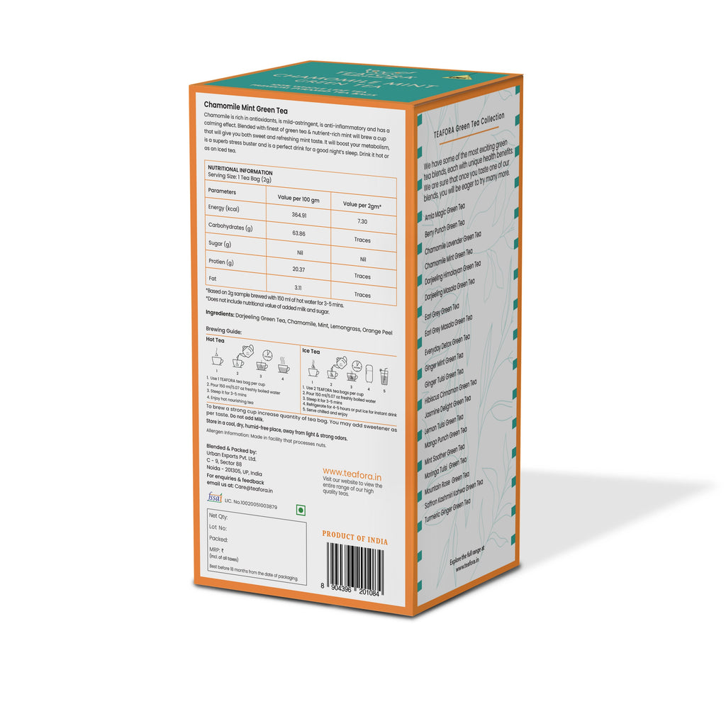 TEAFORA Chamomile Mint Green Tea | 20 Count Pyramid Tea Bags | Grocsy