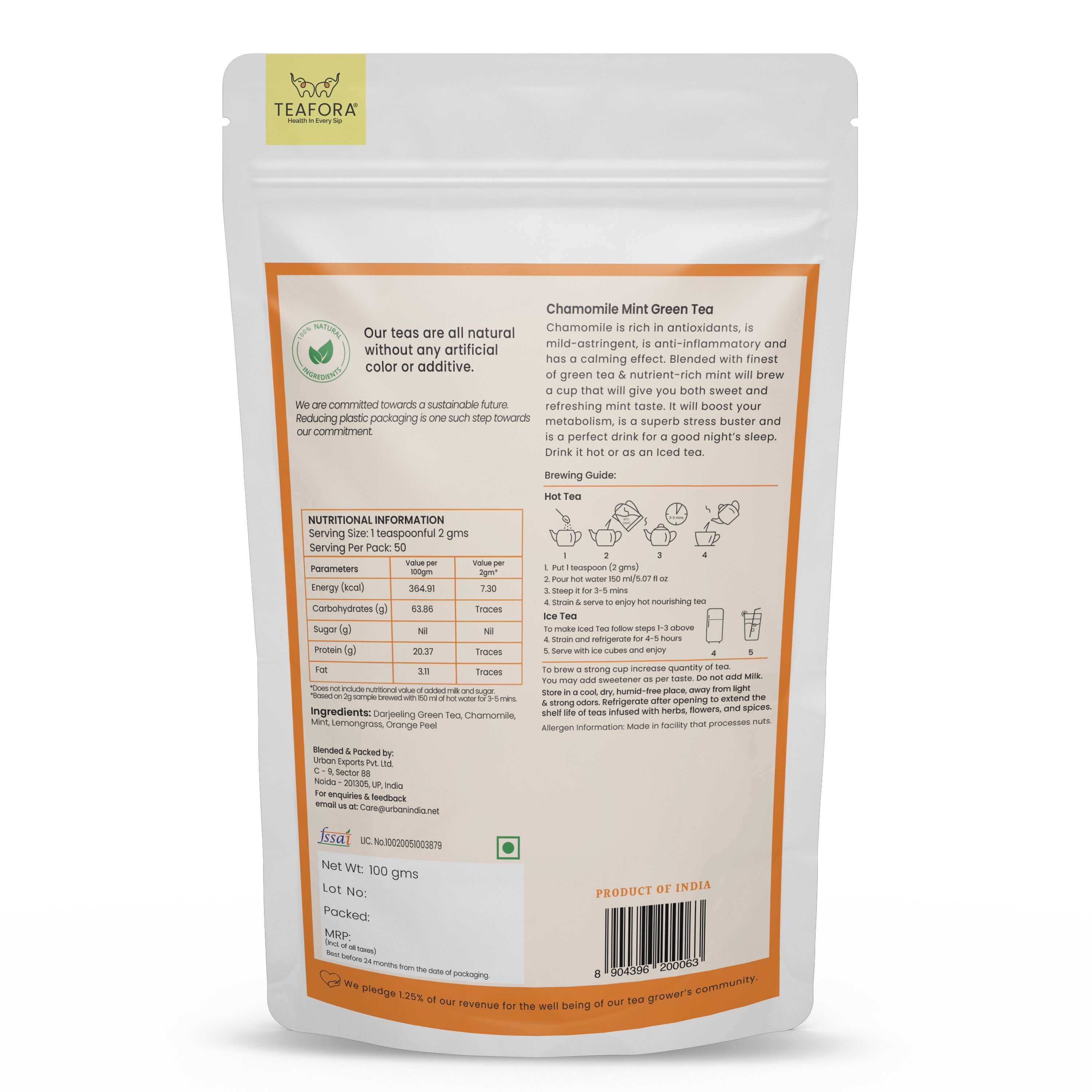 TEAFORA Chamomile Mint Green Tea | Darjeeling Loose Leaf Tea | Natural Sleep Tea with Calming & Relaxing Properties | 50 Cups Hot or Iced Tea | Grocsy