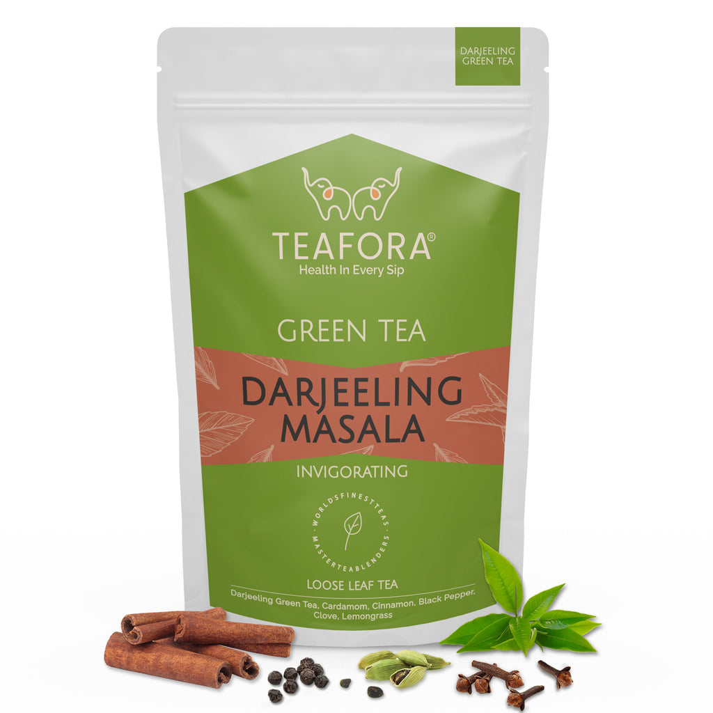 TEAFORA Darjeeling Masala Green Tea | Loose Leaves | Blended with Cardamom, Cinnamon, Black Pepper & Clove | 100% NATURAL | 50 Cups Hot or Iced Tea | Grocsy