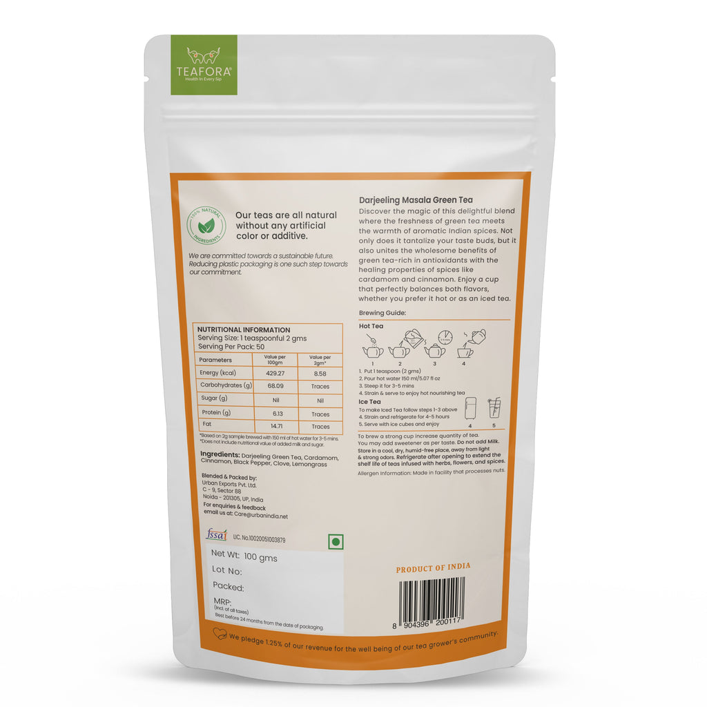 TEAFORA Darjeeling Masala Green Tea | Loose Leaves | Blended with Cardamom, Cinnamon, Black Pepper & Clove | 100% NATURAL | 50 Cups Hot or Iced Tea | Grocsy