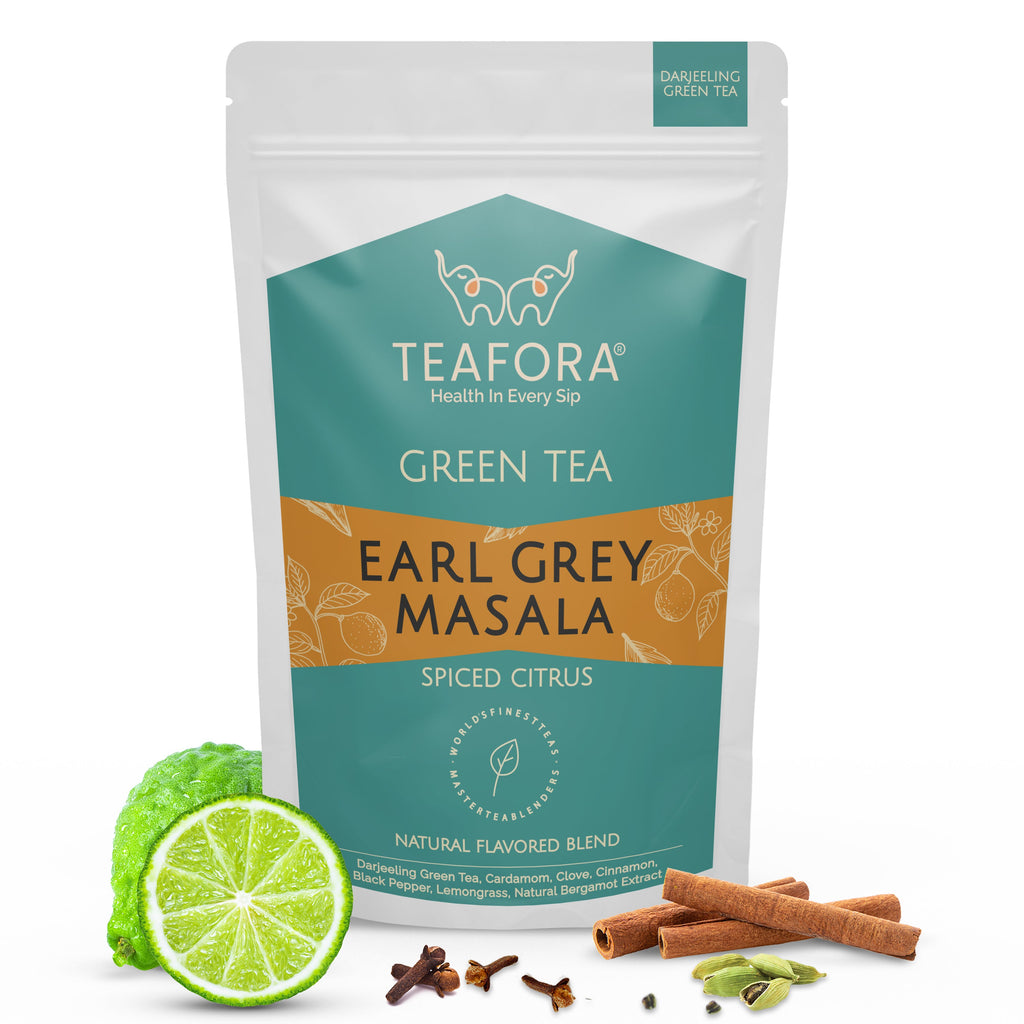 TEAFORA Earl Grey Masala Green Tea | Spiced Citrus | Darjeeling Loose Tea | Blended with Indian Aromatic Spices enriched with Bergamot extract | 50 Cups Hot or Iced Tea | Grocsy