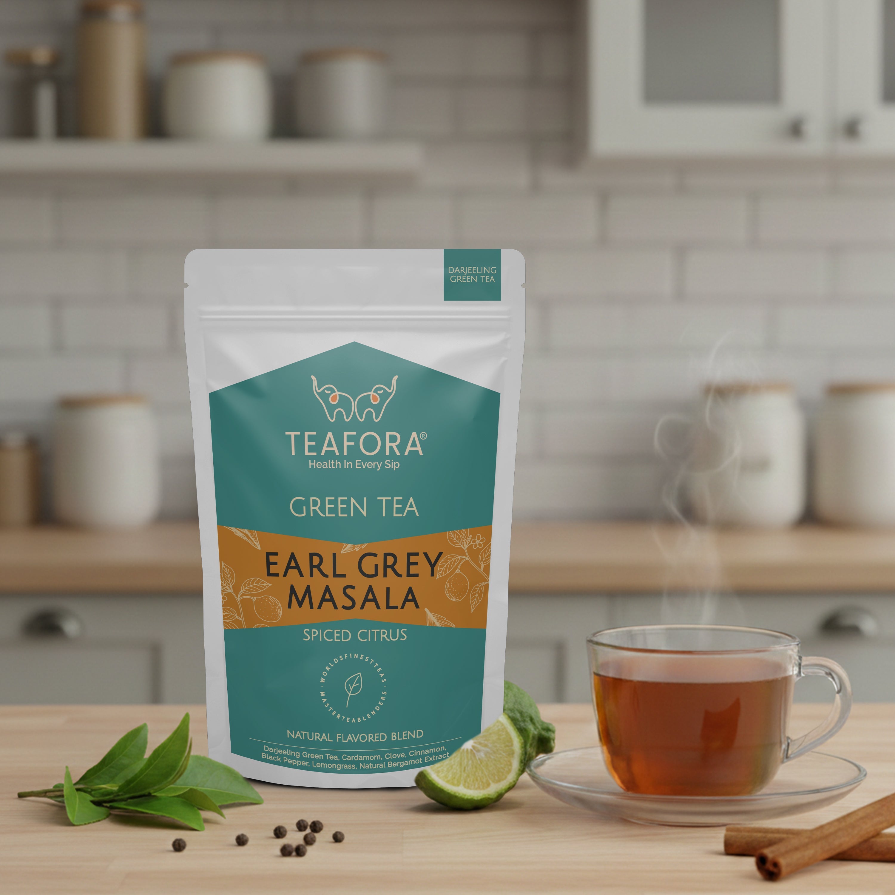 TEAFORA Earl Grey Masala Green Tea | Spiced Citrus | Darjeeling Loose Tea | Blended with Indian Aromatic Spices enriched with Bergamot extract | 50 Cups Hot or Iced Tea | Grocsy