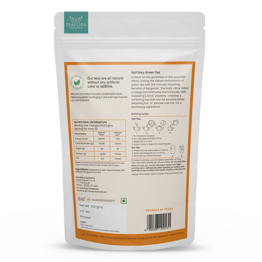 TEAFORA Earl Grey Green Tea | Darjeeling Loose Leaf Tea Enriched with Natural Bergamot Extract | 100% NATURAL | 50 Cups Hot or Iced Tea | Grocsy