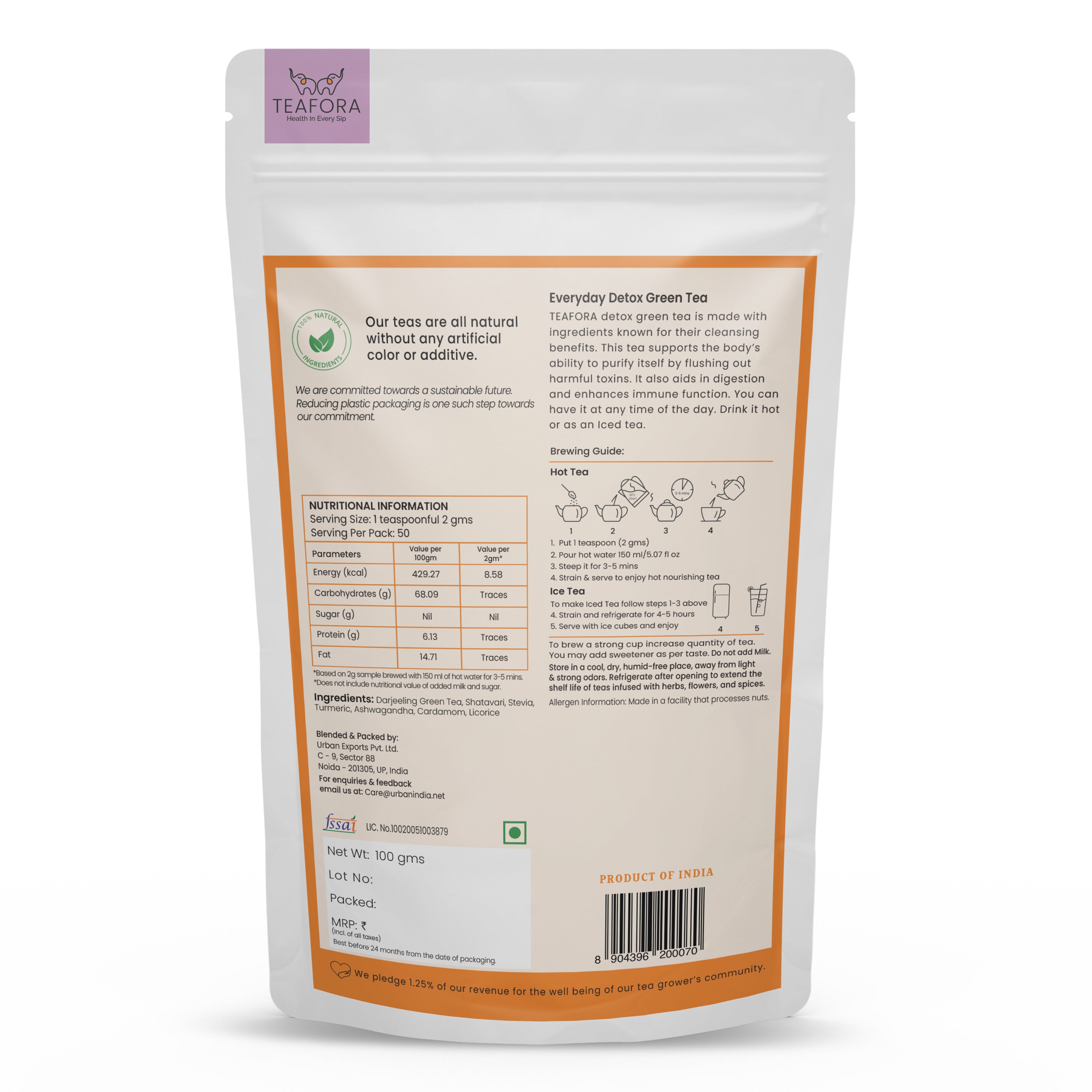 TEAFORA Everyday Detox Green Tea | Darjeeling Loose Leaf | 100% Natural Turmeric, Ashwagandha, Cardamom, Shatavari, Stevia | 50 Cups Hot Tea or Iced Tea | Grocsy