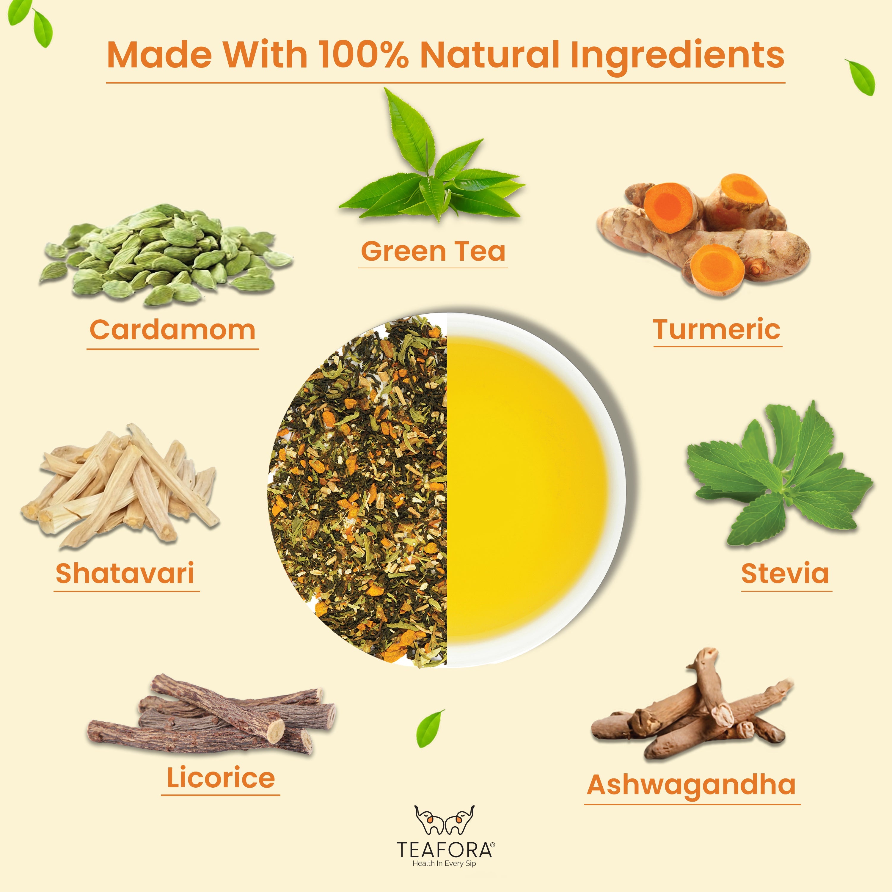TEAFORA Everyday Detox Green Tea | Darjeeling Loose Leaf | 100% Natural Turmeric, Ashwagandha, Cardamom, Shatavari, Stevia | 50 Cups Hot Tea or Iced Tea | Grocsy