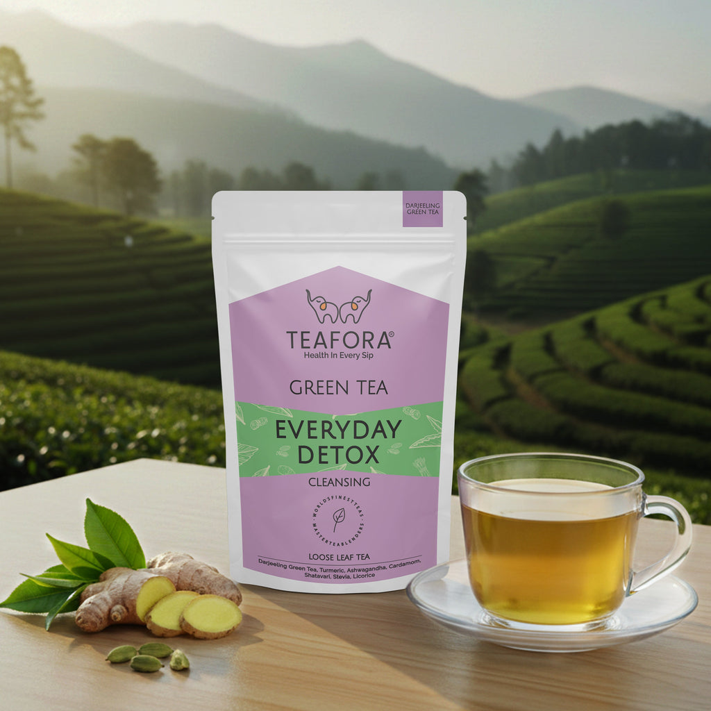 TEAFORA Everyday Detox Green Tea | Darjeeling Loose Leaf | 100% Natural Turmeric, Ashwagandha, Cardamom, Shatavari, Stevia | 50 Cups Hot Tea or Iced Tea | Grocsy