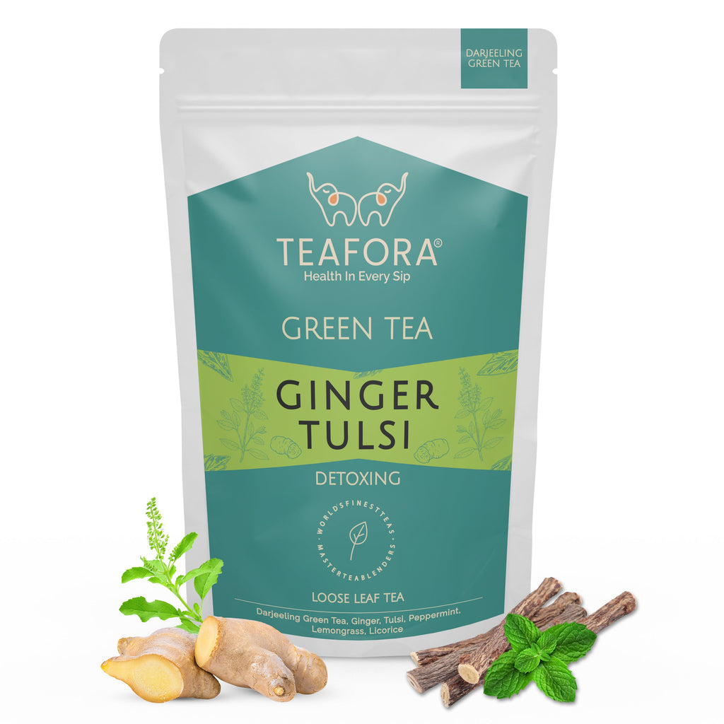 TEAFORA Ginger Tulsi Green Tea | Darjeeling Loose Leaf | Indian Superfoods Ginger, Tulsi & Licorice | Relieves Stress & Aids Digestion | Brew Hot or Iced Tea | Grocsy