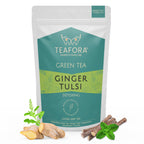 TEAFORA Ginger Tulsi Green Tea | Darjeeling Loose Leaf | Indian Superfoods Ginger, Tulsi & Licorice | Relieves Stress & Aids Digestion | Brew Hot or Iced Tea | Grocsy